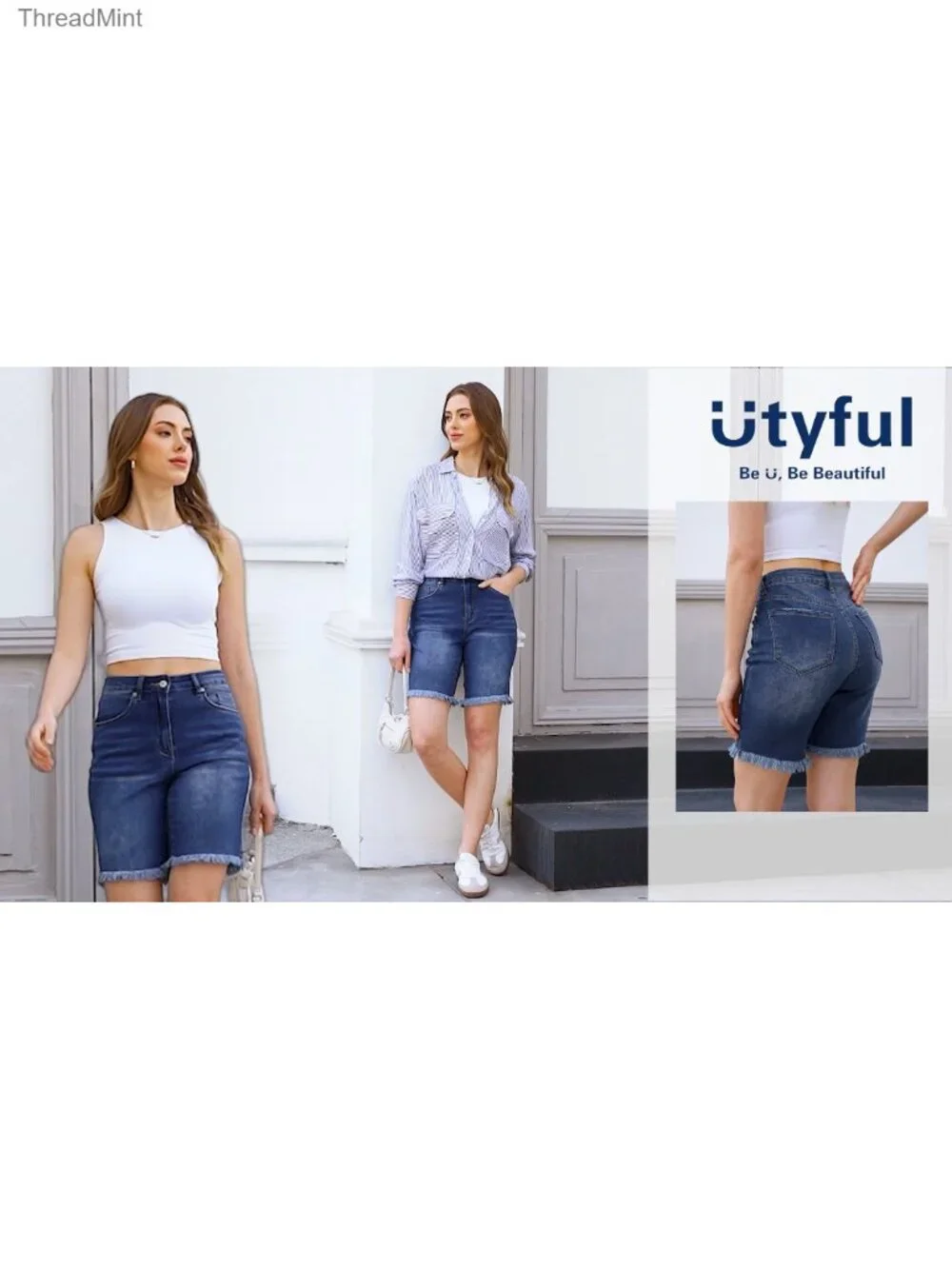 Frayed Ripped Bermuda Denim Shorts High Rise Stretchy Cotton Spandex